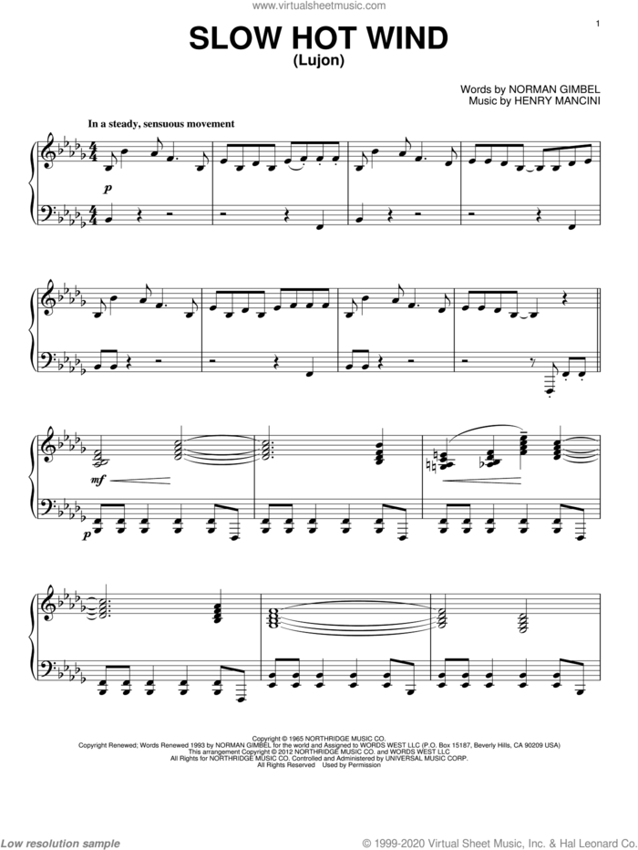 Slow Hot Wind (Lujon) sheet music for piano solo by Henry Mancini and Norman Gimbel, intermediate skill level