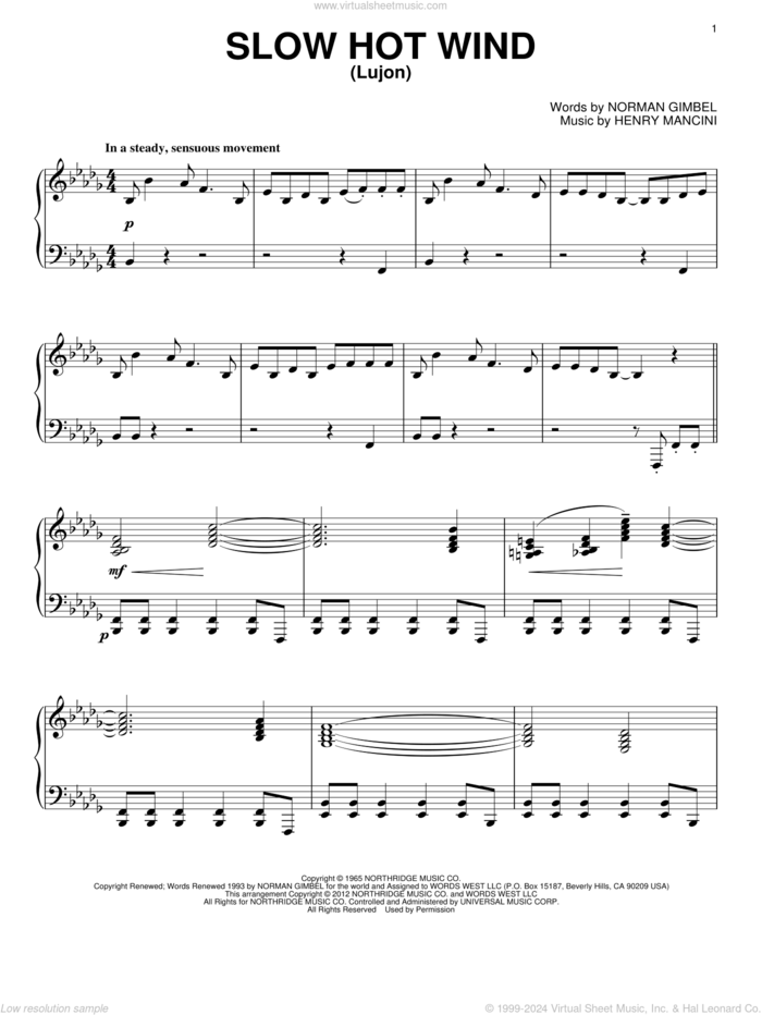 Slow Hot Wind (Lujon) sheet music for piano solo by Henry Mancini and Norman Gimbel, intermediate skill level