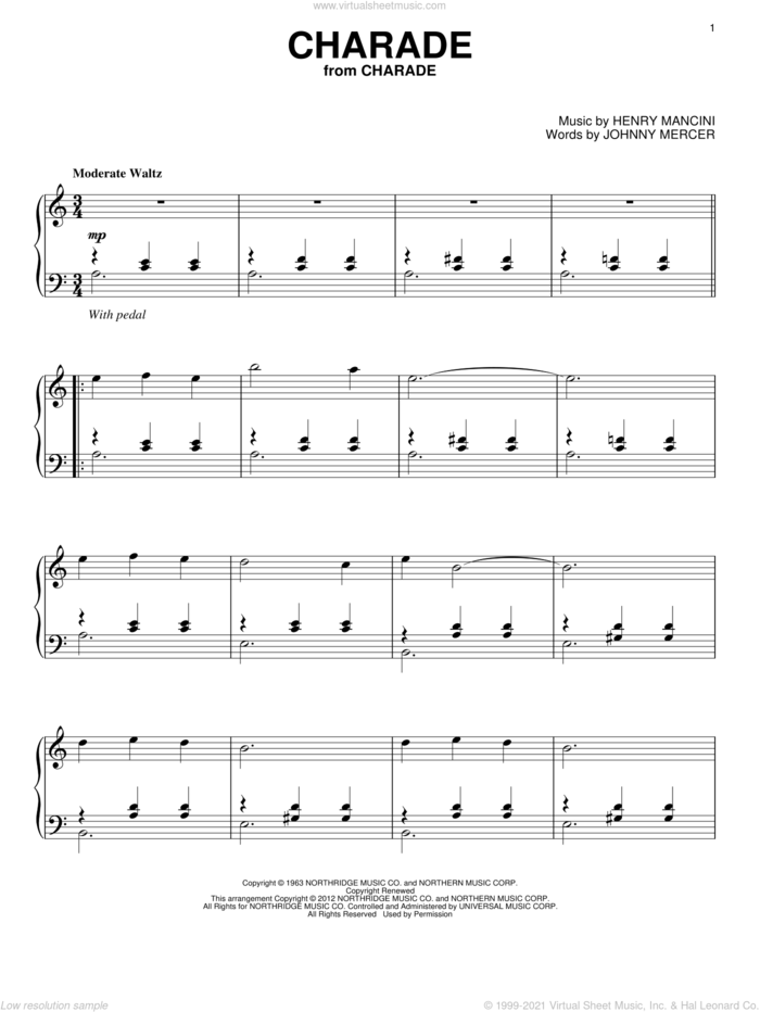 Charade sheet music for piano solo by Henry Mancini, Andy Williams and Johnny Mercer, intermediate skill level