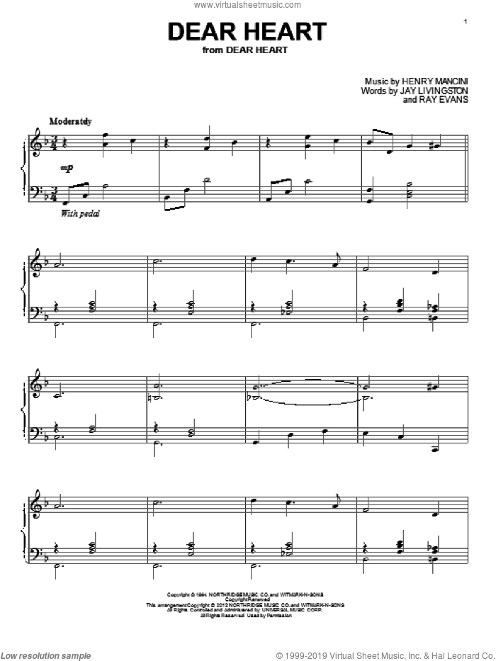 Dear Heart sheet music for piano solo by Henry Mancini, Jay Livingston and Ray Evans, intermediate skill level