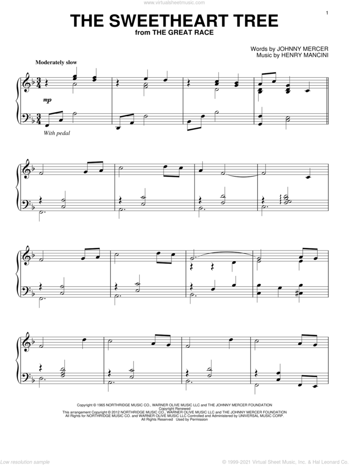 The Sweetheart Tree, (intermediate) sheet music for piano solo by Henry Mancini and Johnny Mercer, intermediate skill level