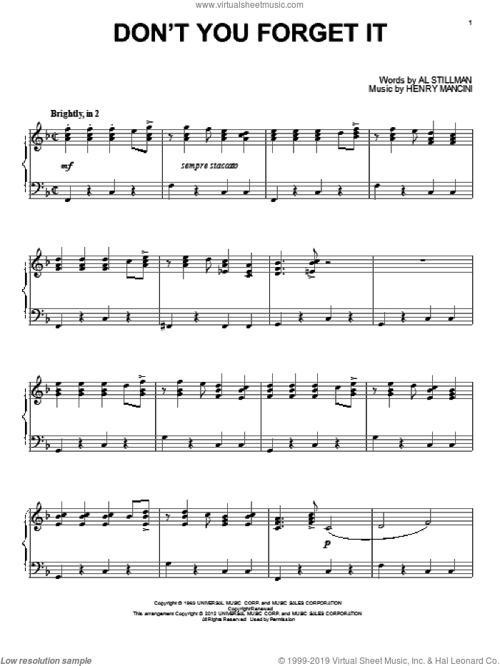 Don't You Forget It sheet music for piano solo by Henry Mancini and Al Stillman, intermediate skill level