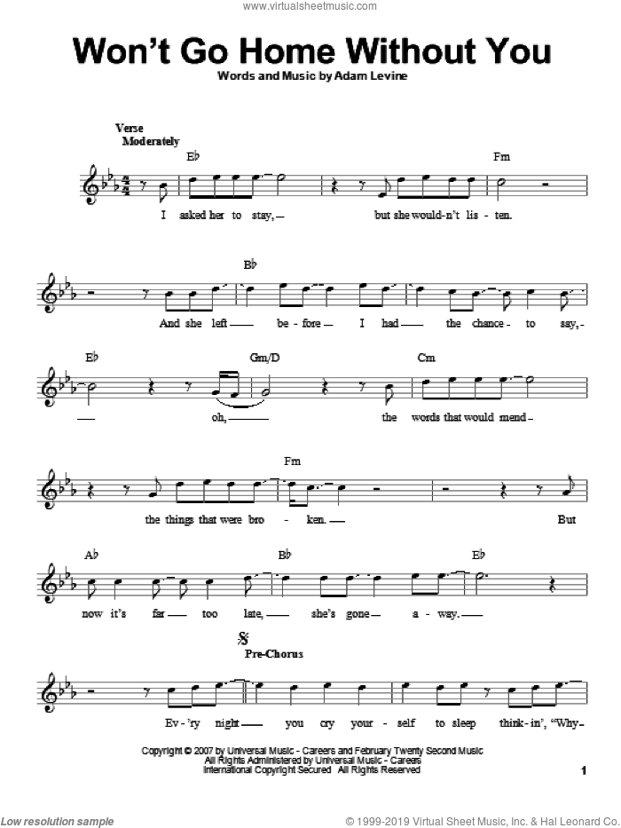 Won't Go Home Without You sheet music for voice solo by Maroon 5 and Adam Levine, intermediate skill level