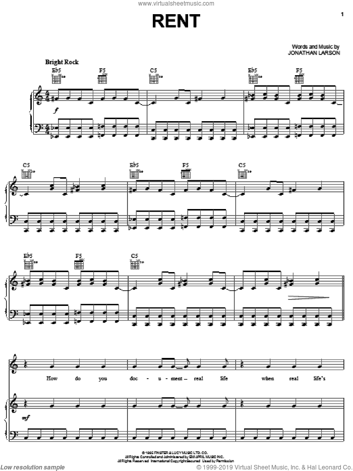 Rent sheet music for voice, piano or guitar by Jonathan Larson and Rent (Movie), intermediate skill level