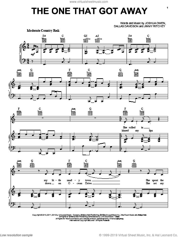 The One That Got Away sheet music for voice, piano or guitar by Jake Owen, Dallas Davidson, Jimmy Ritchey and Joshua Owen, intermediate skill level