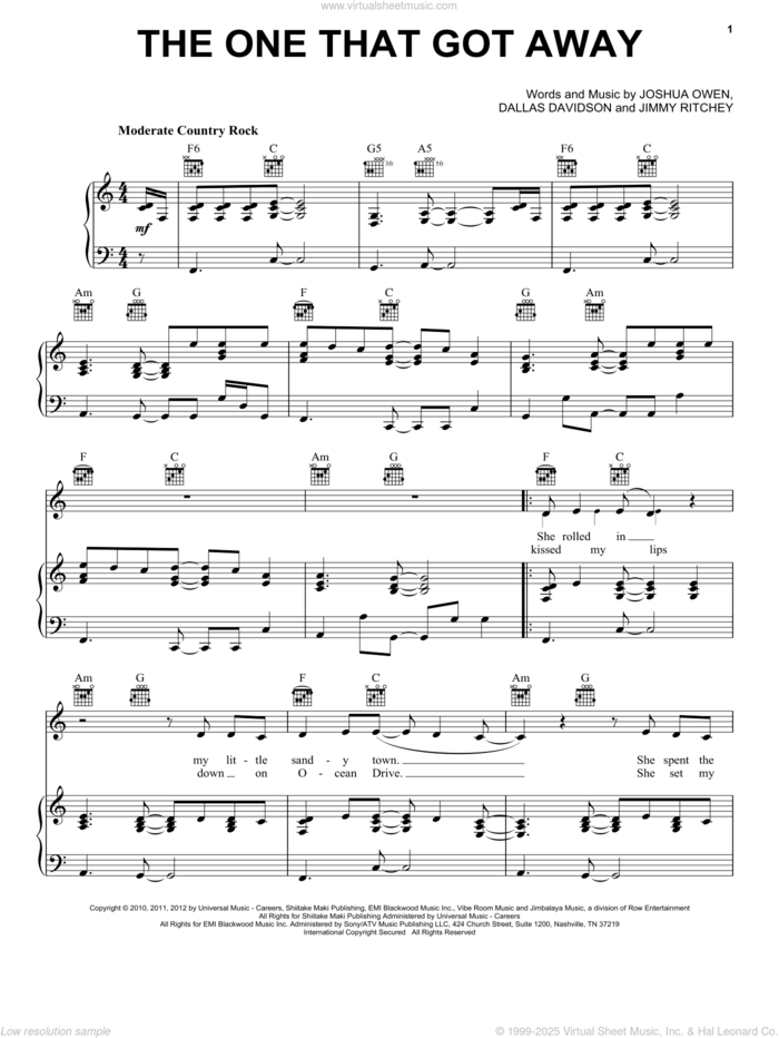 The One That Got Away sheet music for voice, piano or guitar by Jake Owen, Dallas Davidson, Jimmy Ritchey and Joshua Owen, intermediate skill level