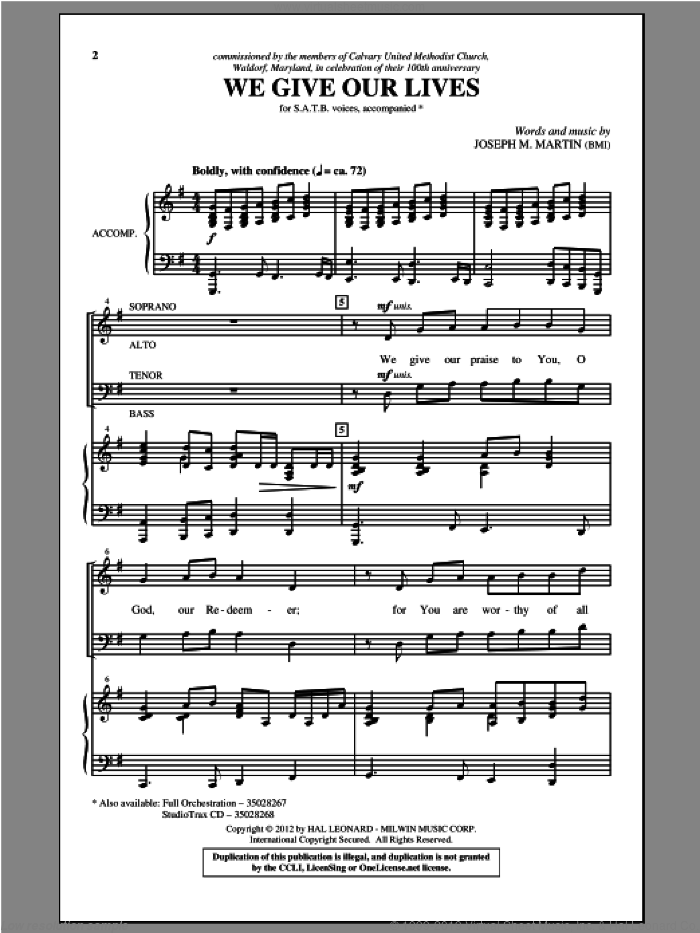 We Give Our Lives sheet music for choir (SATB: soprano, alto, tenor, bass) by Joseph M. Martin, intermediate skill level