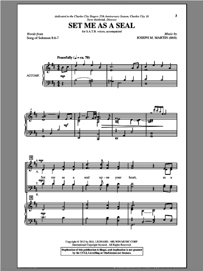 Set Me As A Seal sheet music for choir (SATB: soprano, alto, tenor, bass) by Joseph M. Martin and Joseph  M. Martin, intermediate skill level
