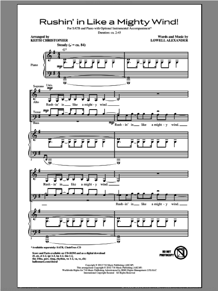 Rushin' In Like A Mighty Wind! sheet music for choir (SATB: soprano, alto, tenor, bass) by Lowell Alexander and Keith Christopher, intermediate skill level