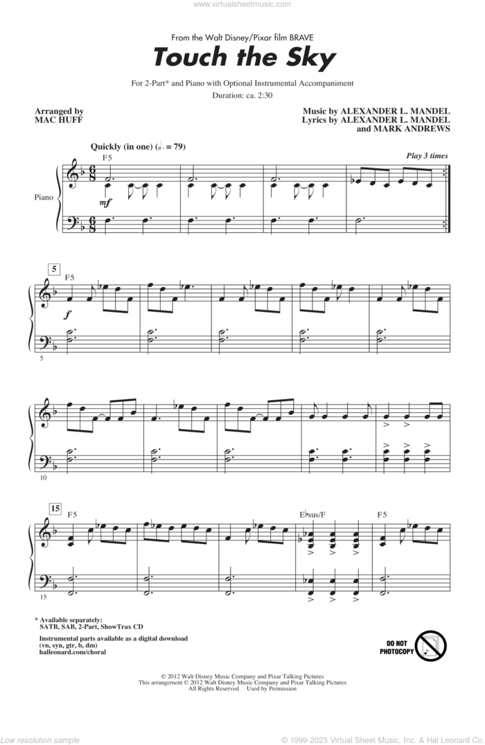 Touch The Sky (From Brave) (arr. Mac Huff) sheet music for choir (2-Part) by Julie Fowlis, Alexander L. Mandel, Mark Andrews and Mac Huff, intermediate duet