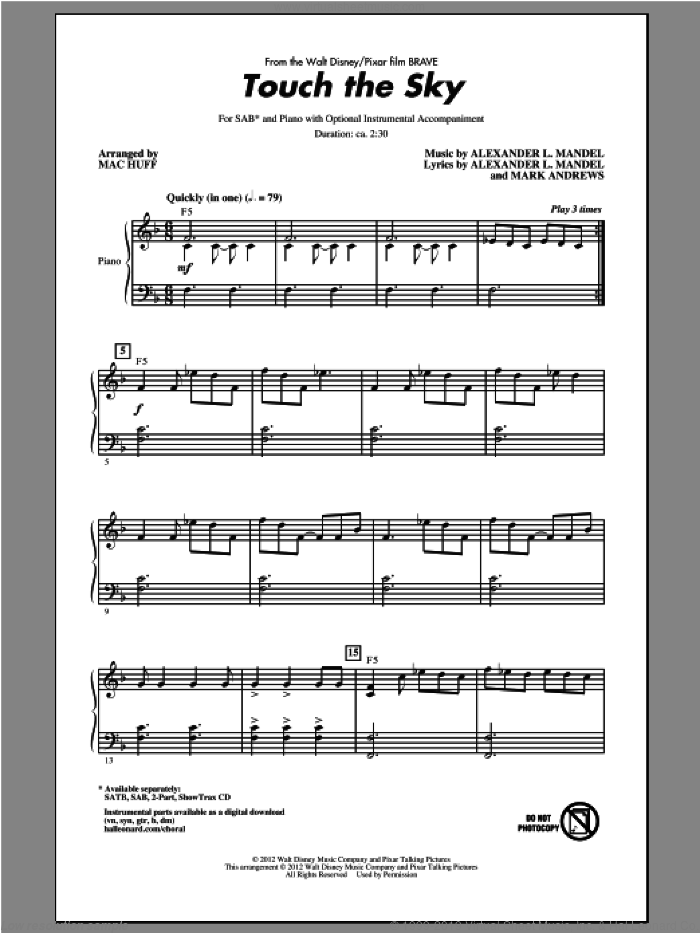 Touch The Sky (From Brave) (arr. Mac Huff) sheet music for choir (SAB: soprano, alto, bass) by Julie Fowlis, Alexander L. Mandel, Mark Andrews and Mac Huff, intermediate skill level