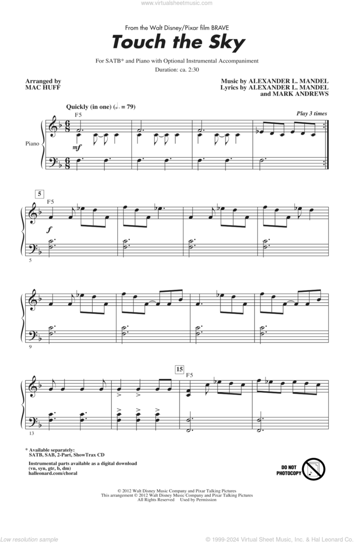 Touch The Sky (From Brave) (arr. Mac Huff) sheet music for choir (SATB: soprano, alto, tenor, bass) by Julie Fowlis, Alexander L. Mandel, Mark Andrews and Mac Huff, intermediate skill level