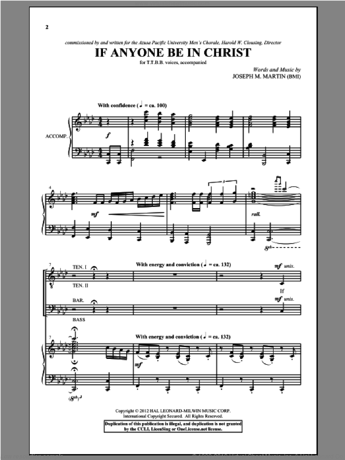 If Anyone Be In Christ sheet music for choir (TTBB: tenor, bass) by Joseph M. Martin and Joseph  M. Martin, intermediate skill level