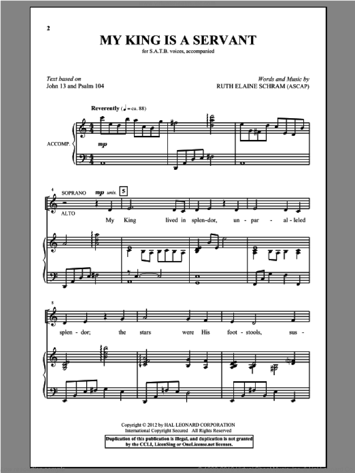 My King Is A Servant sheet music for choir (SATB: soprano, alto, tenor, bass) by Ruth Elaine Schram, intermediate skill level