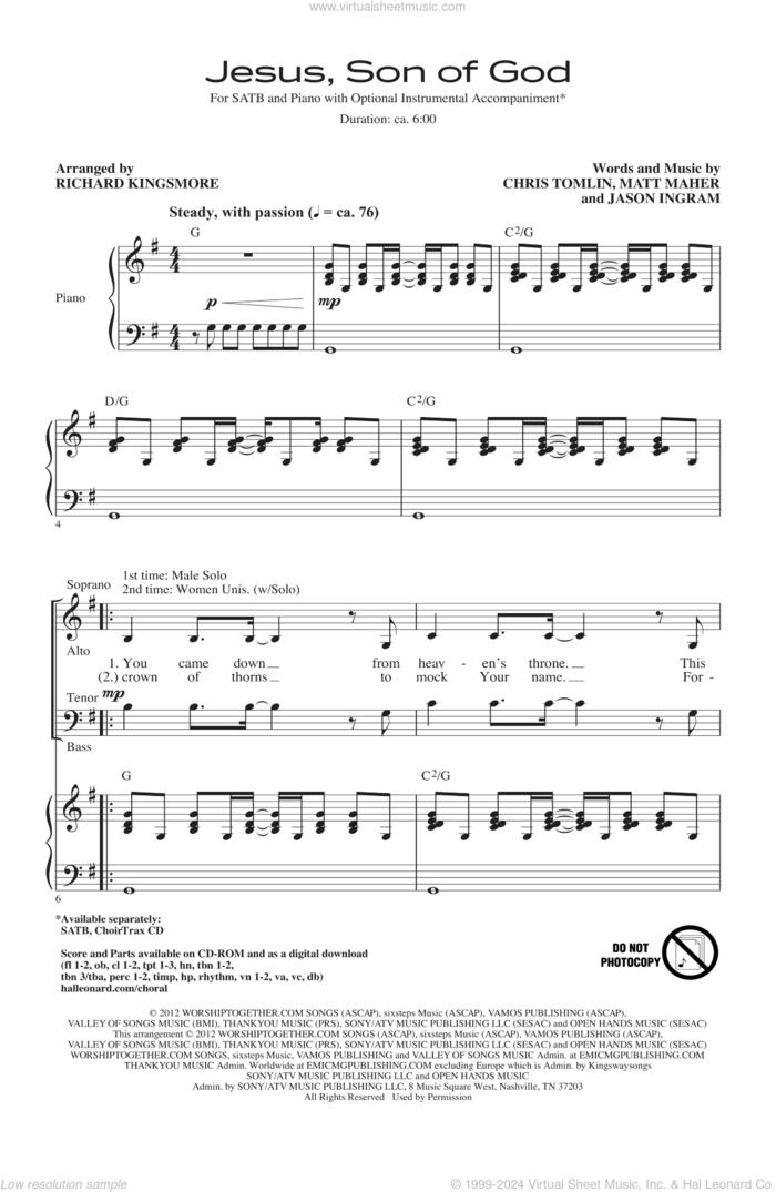 Jesus, Son Of God sheet music for choir (SATB: soprano, alto, tenor, bass) by Chris Tomlin, Jason Ingram, Matt Maher, Passion and Richard Kingsmore, intermediate skill level