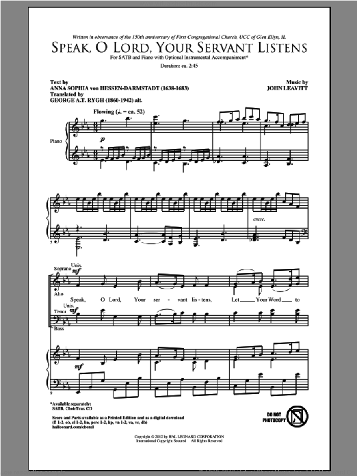Speak, O Lord, Your Servant Listens sheet music for choir (SATB: soprano, alto, tenor, bass) by John Leavitt and Anna Sophia von Hessen-Darmstadt, intermediate skill level