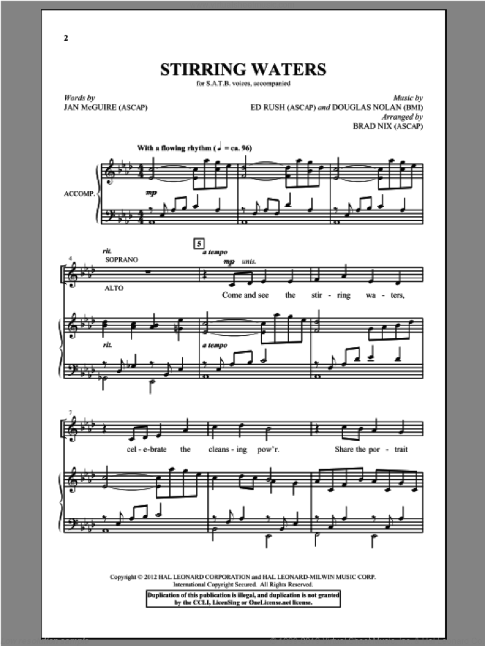 Stirring Waters sheet music for choir (SATB: soprano, alto, tenor, bass) by Douglas Nolan, Ed Rush, Brad Nix and Jan McGuire, intermediate skill level