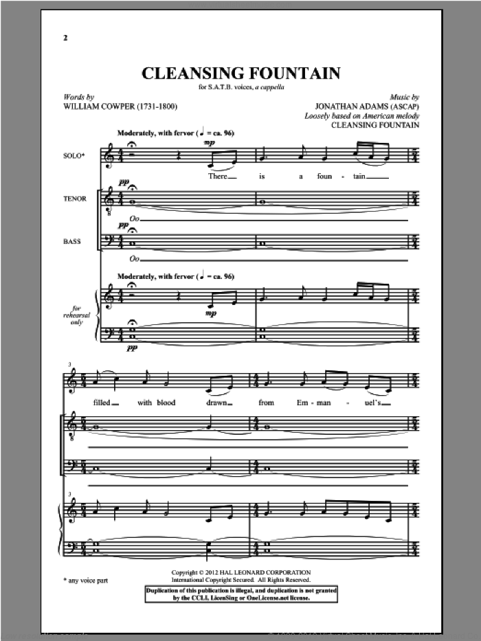 There Is A Fountain sheet music for choir (SATB: soprano, alto, tenor, bass) by William Cowper and Jonathan Adams, intermediate skill level