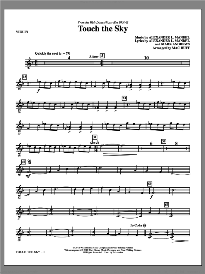 Touch The Sky (from Brave) (arr. Mac Huff) (complete set of parts) sheet music for orchestra/band (Instrumental Parts) by Alexander L. Mandel, Mark Andrews, Julie Fowlis and Mac Huff, intermediate skill level