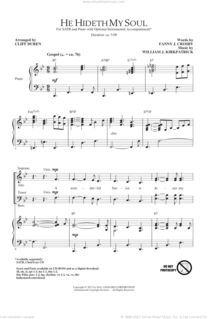 He Hideth My Soul sheet music for choir (SATB: soprano, alto, tenor, bass) by Fanny Crosby, Cliff Duren and William J. Kirkpatrick, intermediate skill level