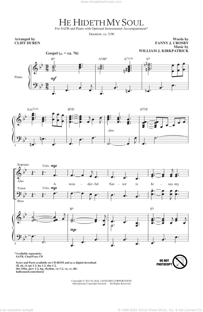 He Hideth My Soul sheet music for choir (SATB: soprano, alto, tenor, bass) by Fanny Crosby, Cliff Duren and William J. Kirkpatrick, intermediate skill level