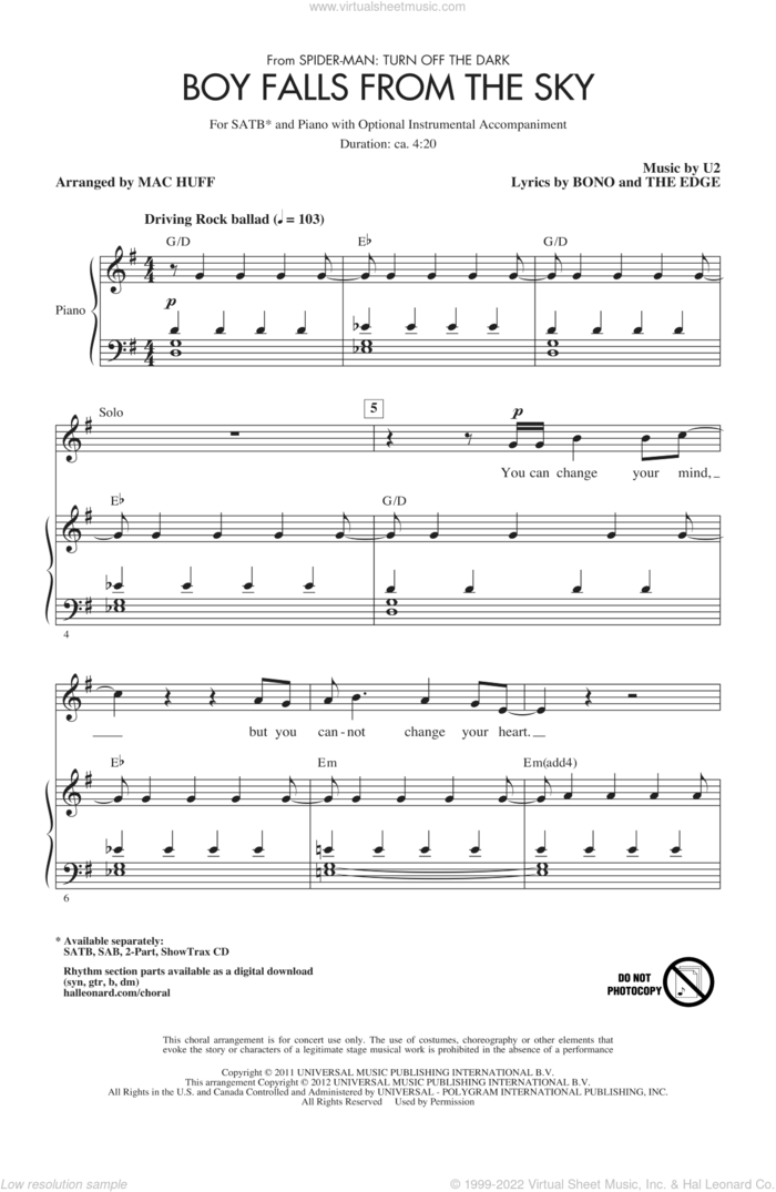 Boy Falls From The Sky sheet music for choir (SATB: soprano, alto, tenor, bass) by U2, Bono, The Edge and Mac Huff, intermediate skill level