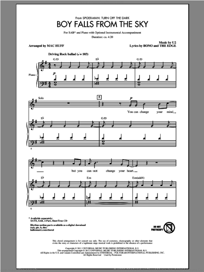 Boy Falls From The Sky sheet music for choir (SAB: soprano, alto, bass) by U2, Bono, The Edge and Mac Huff, intermediate skill level