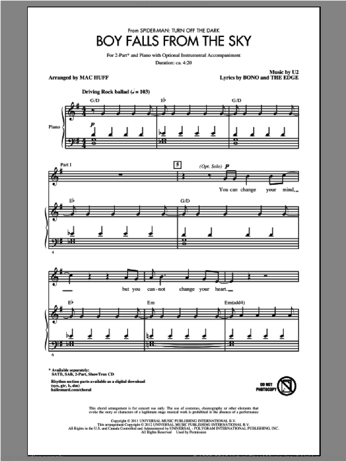 Boy Falls From The Sky sheet music for choir (2-Part) by U2, Bono, The Edge and Mac Huff, intermediate duet