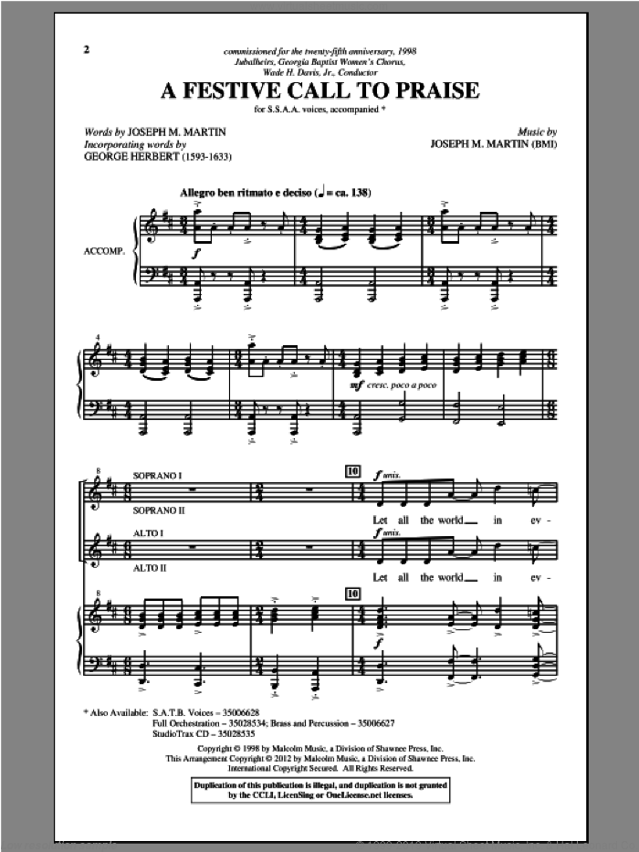 A Festive Call To Praise sheet music for choir (SSA: soprano, alto) by Joseph M. Martin and Brant Adams, intermediate skill level