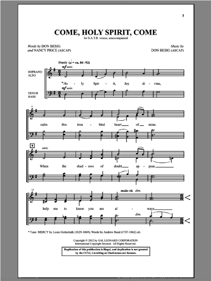 Come, Holy Spirit, Come sheet music for choir (SATB: soprano, alto, tenor, bass) by Don Besig, Don Besig and Nancy Price and Nancy Price, intermediate skill level