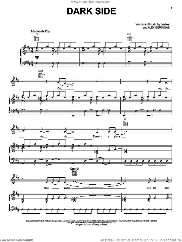 Dark Side sheet music for voice, piano or guitar by Kelly Clarkson and Alex Geringas, intermediate skill level