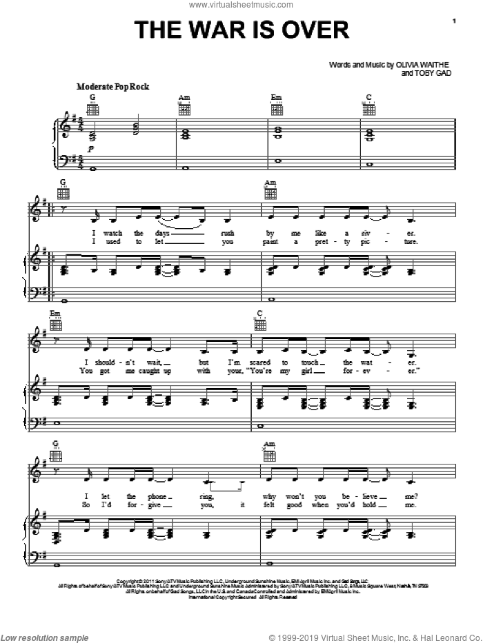 The War Is Over sheet music for voice, piano or guitar by Kelly Clarkson, Olivia Waithe and Toby Gad, intermediate skill level