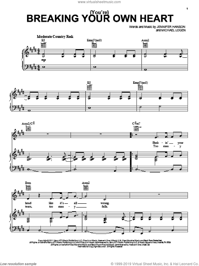 (You're) Breaking Your Own Heart sheet music for voice, piano or guitar by Kelly Clarkson, Jennifer Hanson and Michael Logen, intermediate skill level