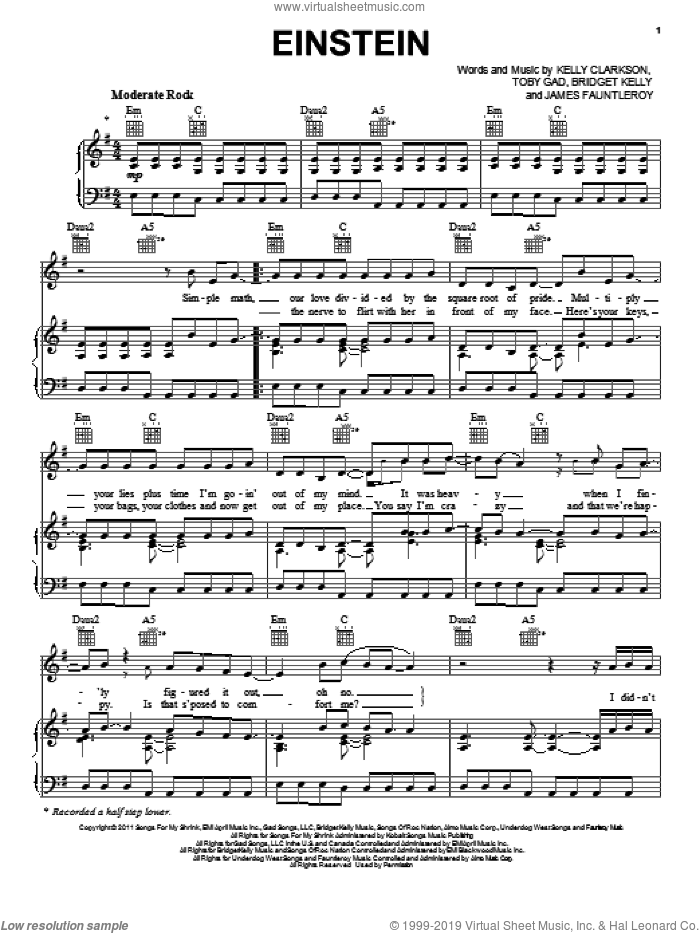 Einstein sheet music for voice, piano or guitar by Kelly Clarkson, Bridget Kelly, James Fauntleroy and Toby Gad, intermediate skill level