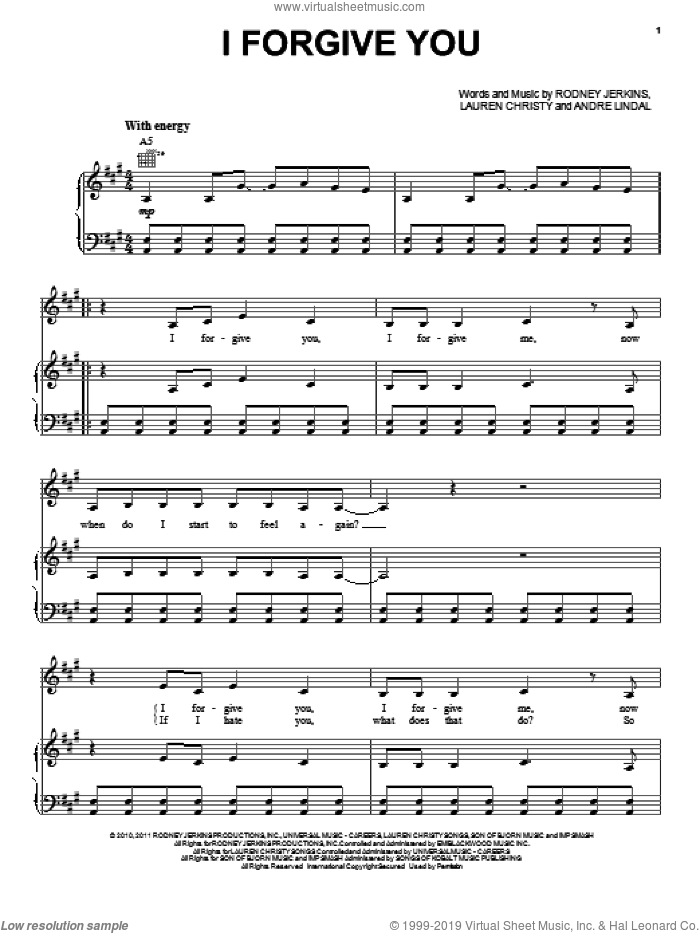 I Forgive You sheet music for voice, piano or guitar by Kelly Clarkson, Andre Lindal, Lauren Christy and Rodney Jerkins, intermediate skill level