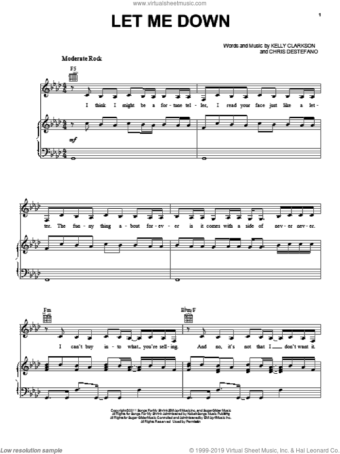 Let Me Down sheet music for voice, piano or guitar by Kelly Clarkson and Chris Destefano, intermediate skill level