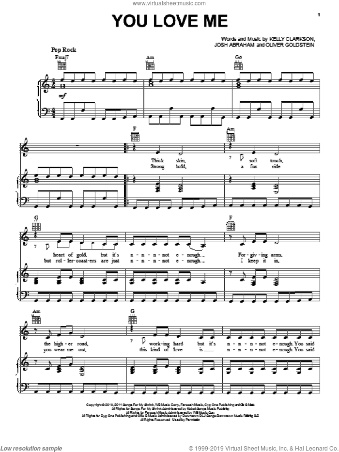 You Love Me sheet music for voice, piano or guitar by Kelly Clarkson, Josh Abraham and Oliver Goldstein, intermediate skill level