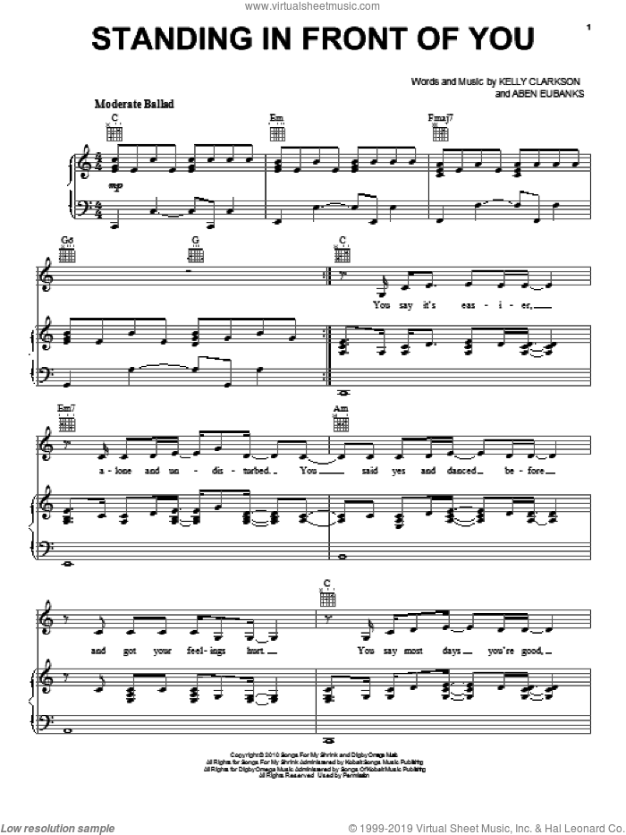 Standing In Front Of You sheet music for voice, piano or guitar by Kelly Clarkson and Aben Eubanks, intermediate skill level