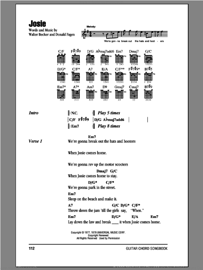 Josie sheet music for guitar (chords) by Steely Dan, Donald Fagen and Walter Becker, intermediate skill level