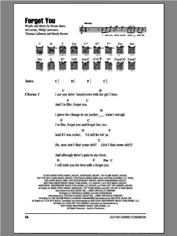 Forget You sheet music for guitar (chords) by Cee Lo Green and Bruno Mars, intermediate skill level