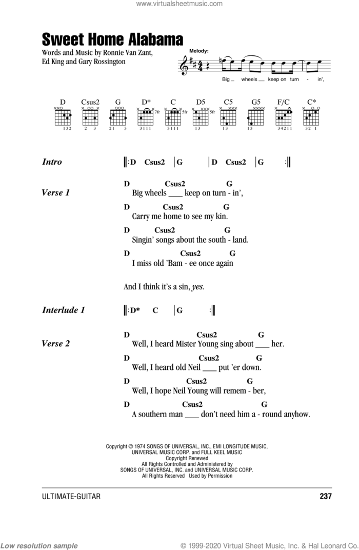 Sweet Home Alabama sheet music for guitar (chords) by Lynyrd Skynyrd, intermediate skill level