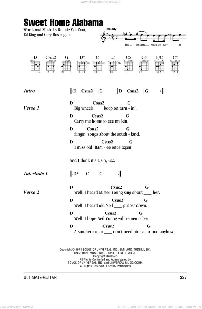 Sweet Home Alabama sheet music for guitar (chords) by Lynyrd Skynyrd, intermediate skill level