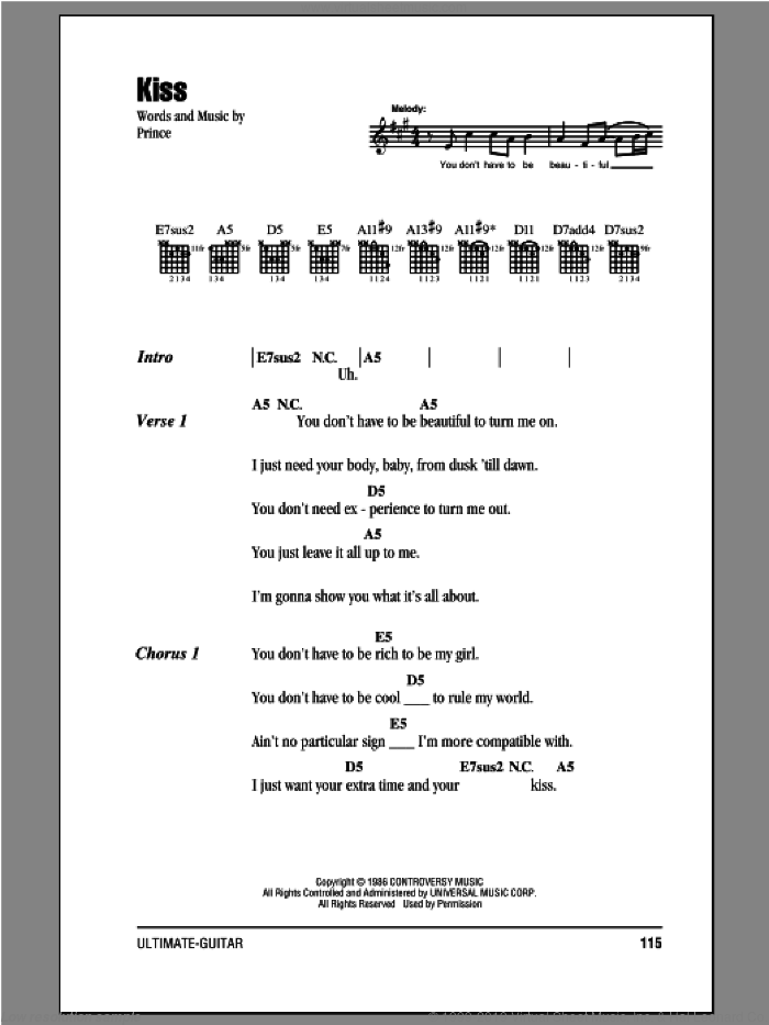 Kiss sheet music for guitar (chords) by Prince, intermediate skill level