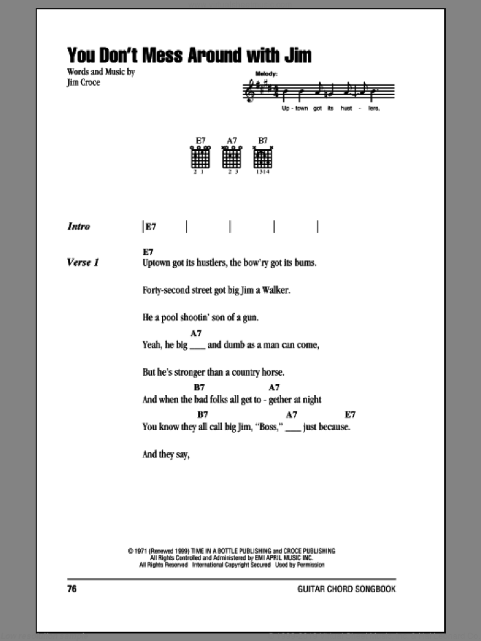 You Don't Mess Around With Jim sheet music for guitar (chords) by Jim Croce, intermediate skill level