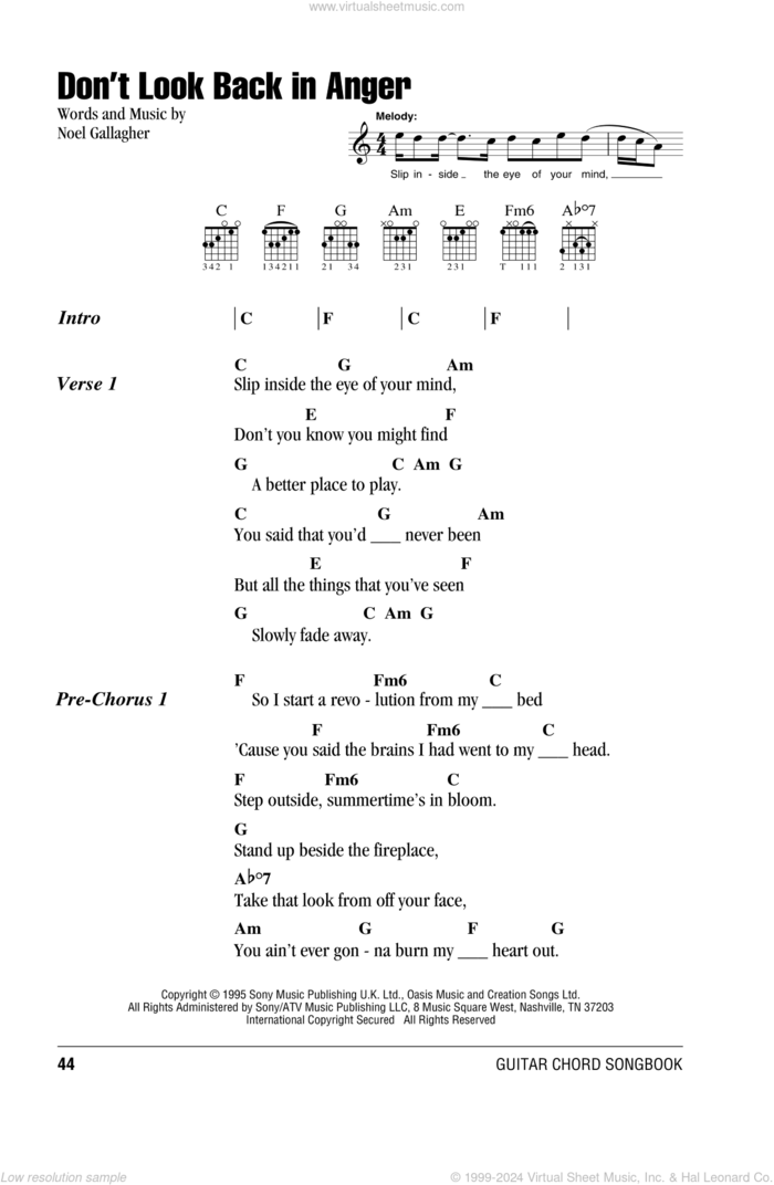 Don't Look Back In Anger sheet music for guitar (chords) by Oasis and Noel Gallagher, intermediate skill level