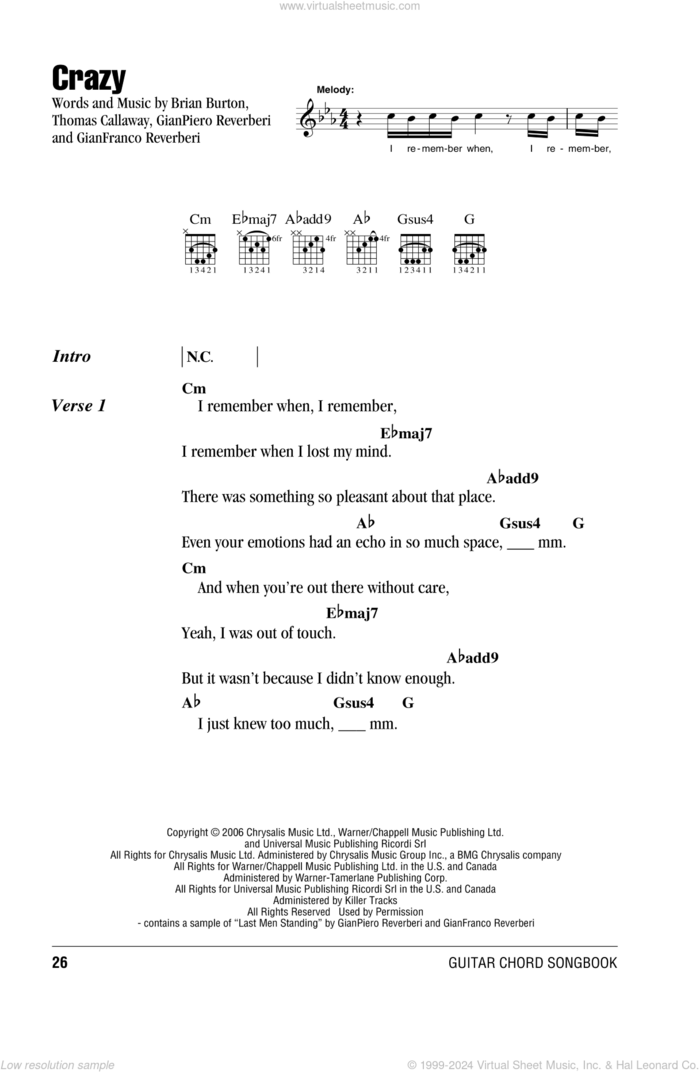 Crazy sheet music for guitar (chords) by Gnarls Barkley, intermediate skill level