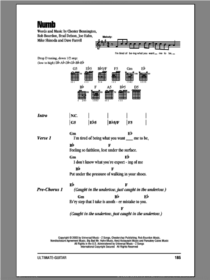 Numb sheet music for guitar (chords) by Linkin Park, intermediate skill level