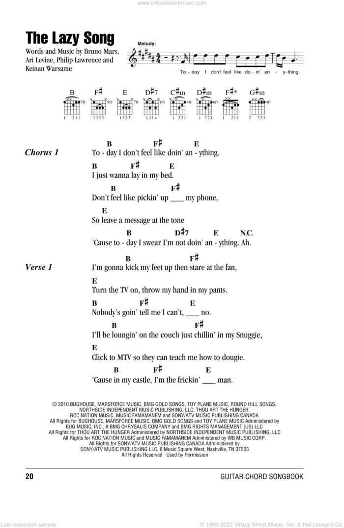 The Lazy Song sheet music for guitar (chords) by Bruno Mars, Ari Levine, Keinan Warsame and Philip Lawrence, intermediate skill level