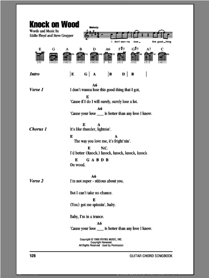 Knock On Wood sheet music for guitar (chords) by Otis Redding, Eddie Floyd and Steve Cropper, intermediate skill level