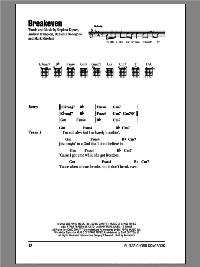 Breakeven sheet music for guitar (chords) by The Script, intermediate skill level
